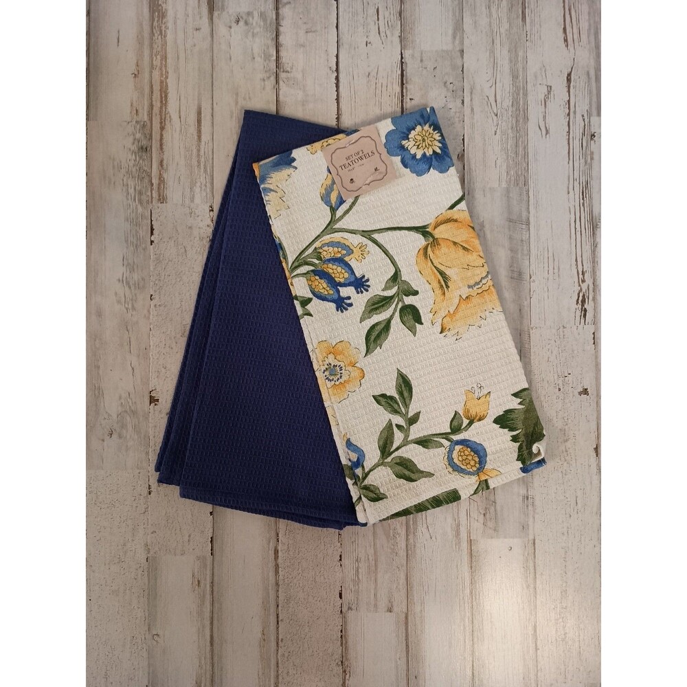 April  Cornell Tea Towel Set Of 2 Cream Blue Yellow Floral 100% Cotton  NEW